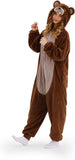 Adult Upgraded Brown Bear Onesie Costume - 3D Hooded Animal One-Piece Pajama for Halloween Men Women