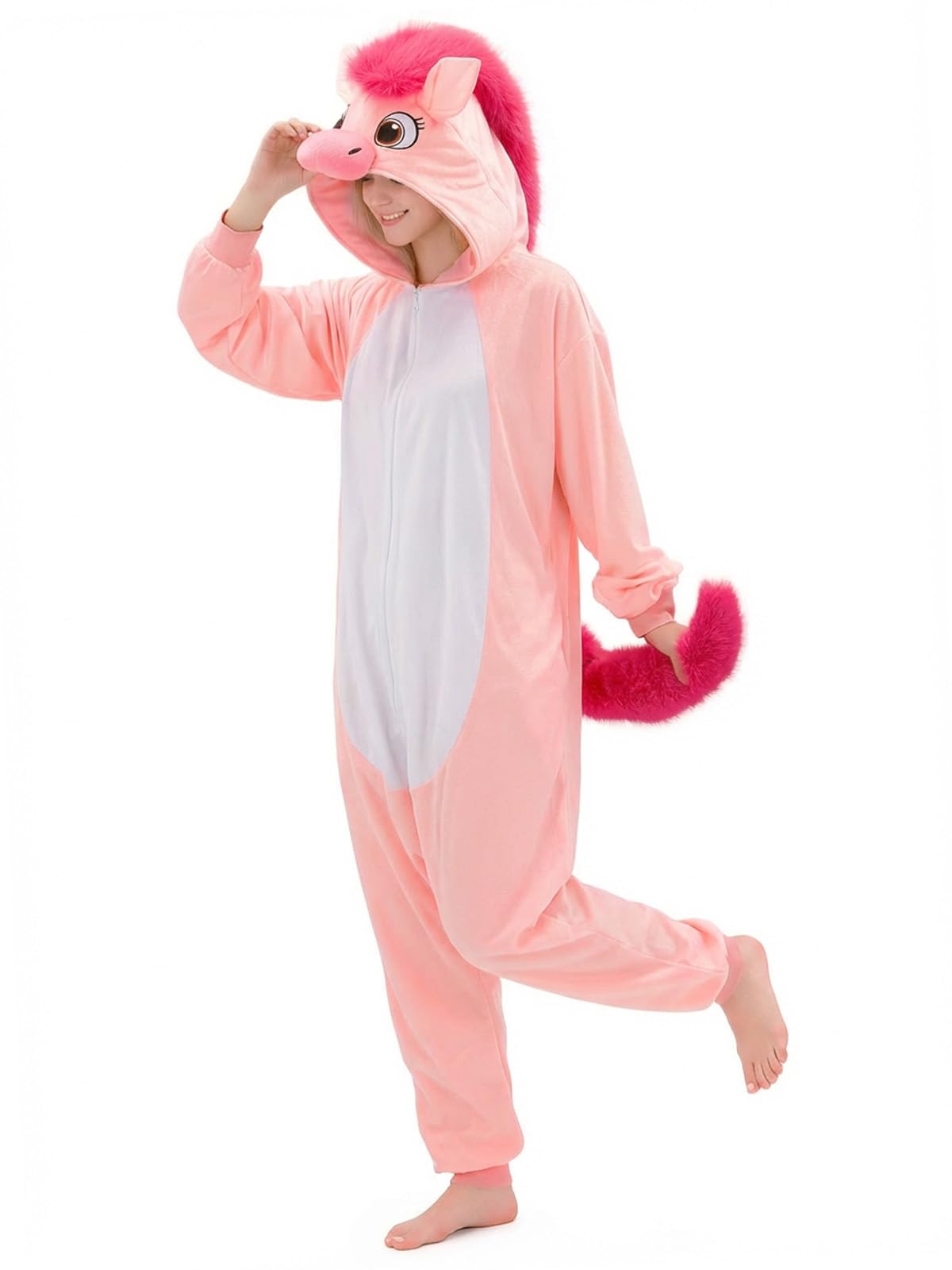 Adult Pink Horse Onesie Costume - 3D Hooded Animal One-Piece Pajama for Halloween Men Women