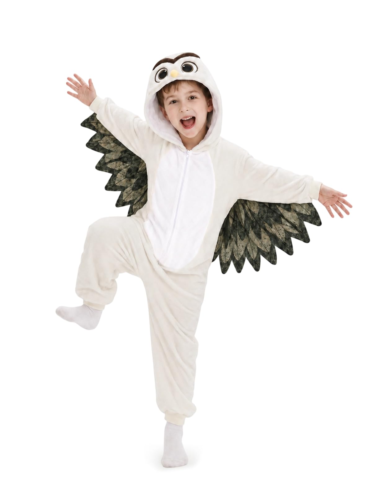 Kids White Owl Costume for Halloween with 3D Hood and Layered Wings