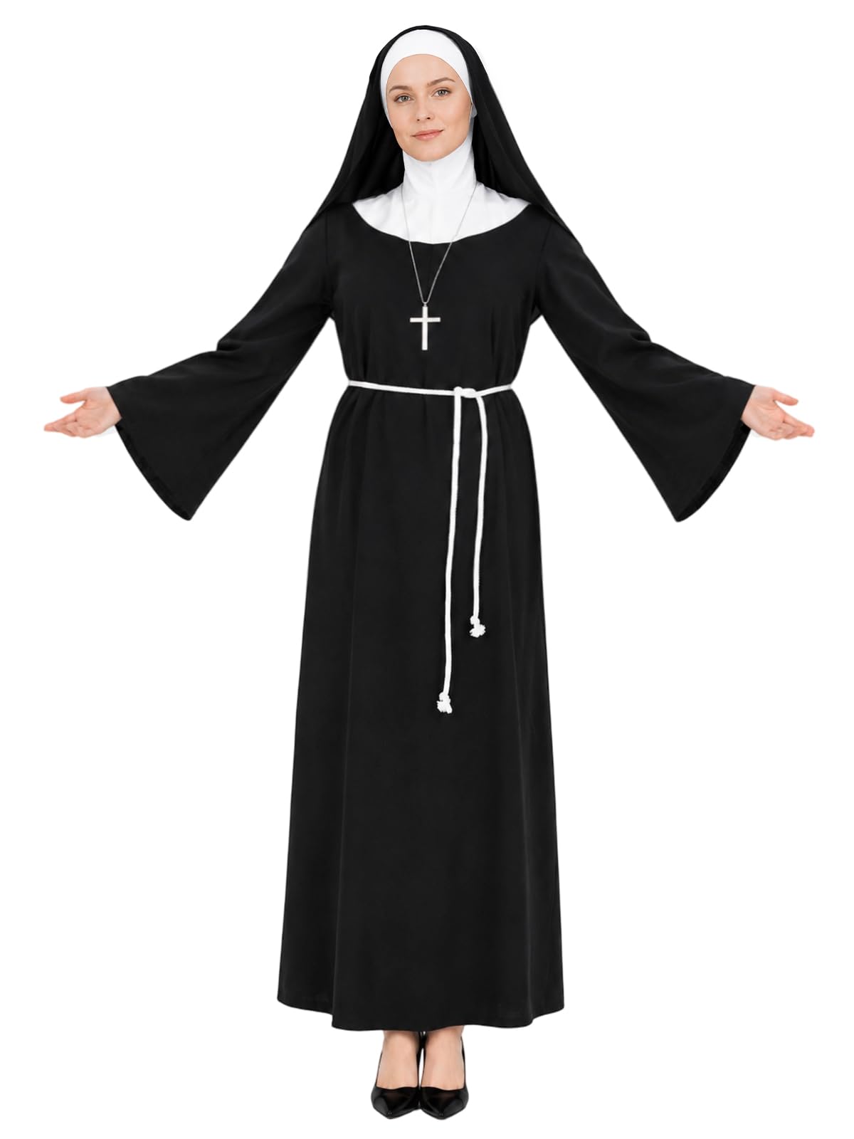 4 PCS Womens Nun Costume Set Traditional Black & White Dress