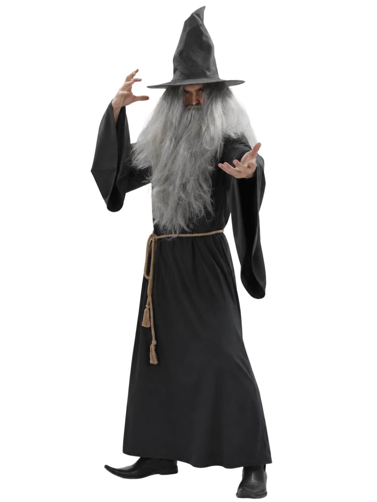 Adult Wizard Costume Set for Men 5 Pcs Gray Sorcerer Outfit with Robe Hat Wig Beard and Waist Rope for Halloween