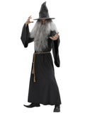 Adult Wizard Costume Set for Men 5 Pcs Gray Sorcerer Outfit with Robe Hat Wig Beard and Waist Rope for Halloween