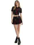 2 PCS Women's Schoolgirl Costume, PU Leather Crop Top with Faux Tie and Red Plaid Spliced Mini Skirt