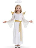 4 PCS Girls White Angel Costume Gold Wings Dress Halo Outfit