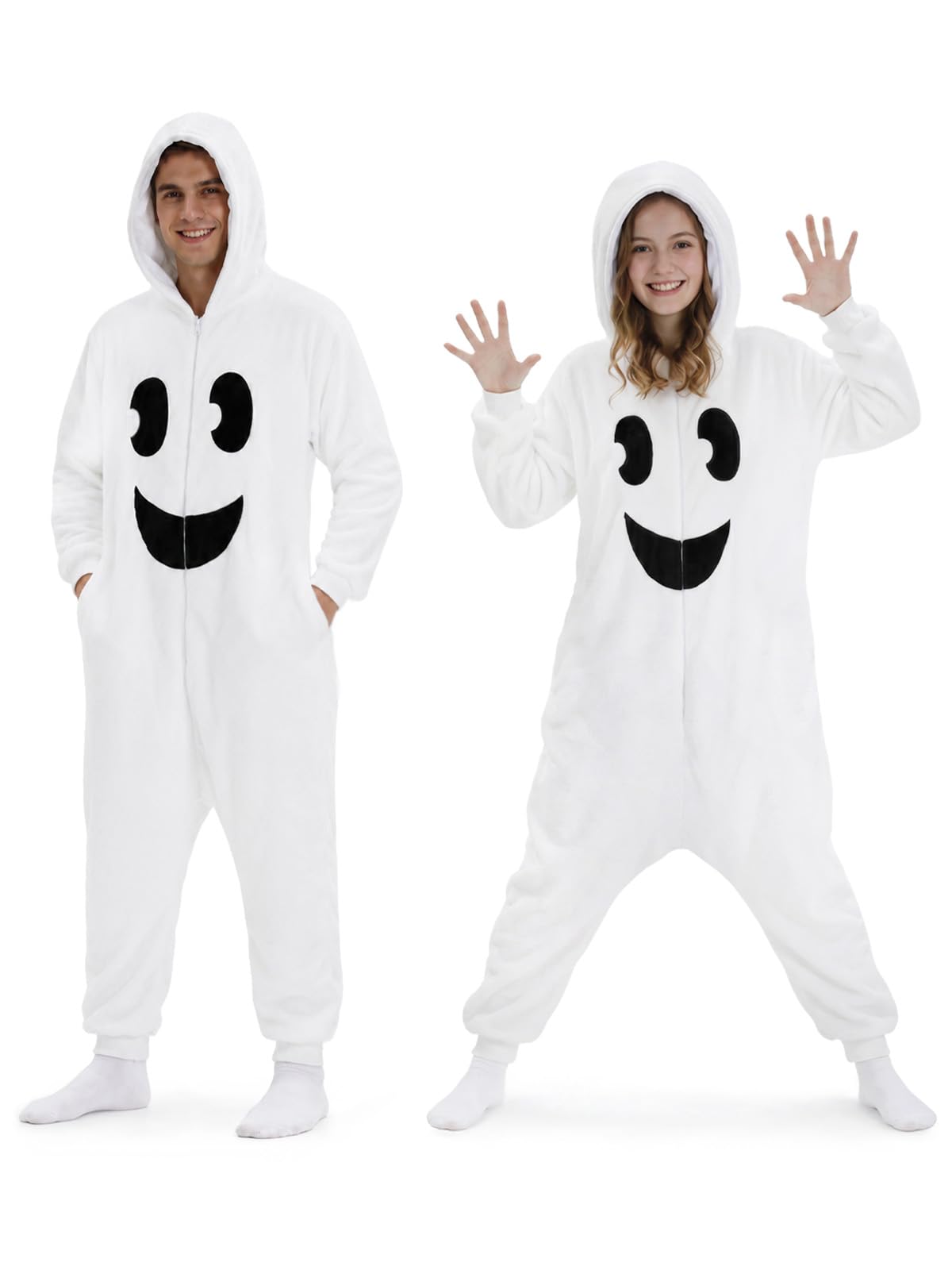 Adult Cute Ghost Onesie Costume - 3D Hooded Animal One-Piece Pajama for Halloween Men Women