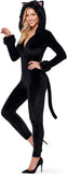 Black Cat Costume for Women, Cat Onesie Adult Sexy Hooded Velvet Jumpsuit Animal Cosplay Bodysuit