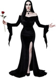 4 PCS Black Gothic Dress for Women, Velvet Off Shoulder High Slit Halloween Dress Set