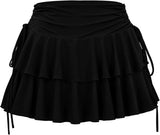 Women's Y2k Mini Ruffle Skirt with Shorts, High Waisted Tiered Layers Skort, Side Drawstrin Skater Skirt