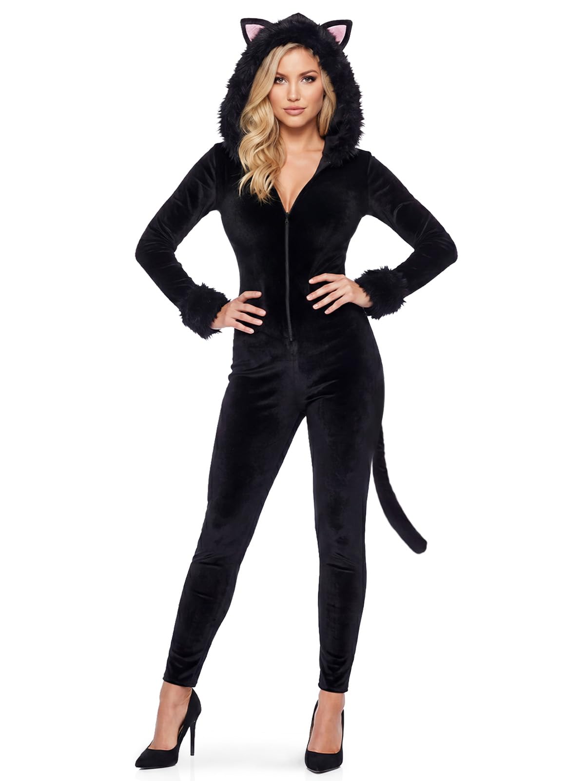 Black Cat Costume for Women, Cat Onesie Adult Sexy Hooded Velvet Jumpsuit Animal Cosplay Bodysuit