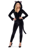Black Cat Costume for Women, Cat Onesie Adult Sexy Hooded Velvet Jumpsuit Animal Cosplay Bodysuit