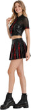 2 PCS Women's Schoolgirl Costume, PU Leather Crop Top with Faux Tie and Red Plaid Spliced Mini Skirt