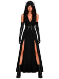 3 PCS Sexy Devil Costume for Women Hooded Black Maxi Dress