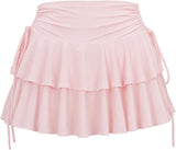 Women's Y2k Mini Ruffle Skirt with Shorts, High Waisted Tiered Layers Skort, Side Drawstrin Skater Skirt