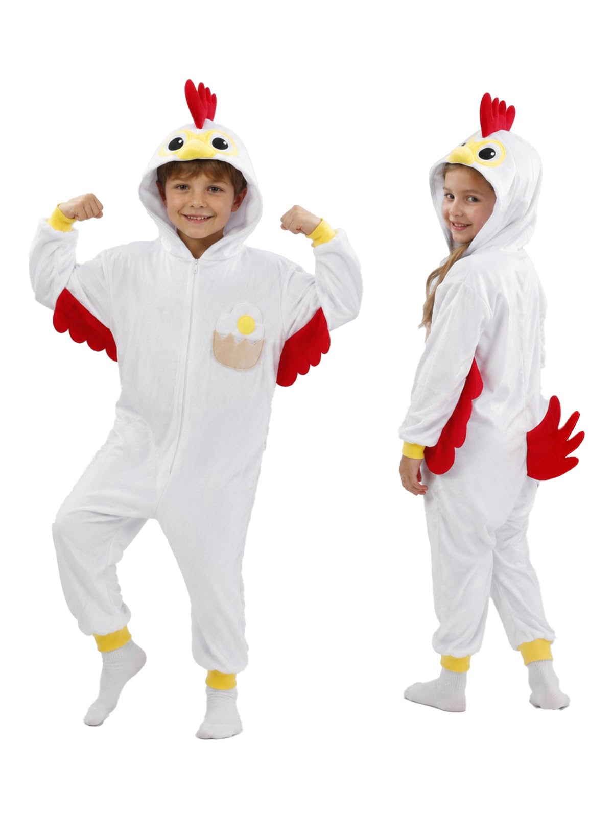 Kids Chicken Costume for Girls & Boys - 3D Hooded Rooster Jumpsuit Costume for Halloween Party