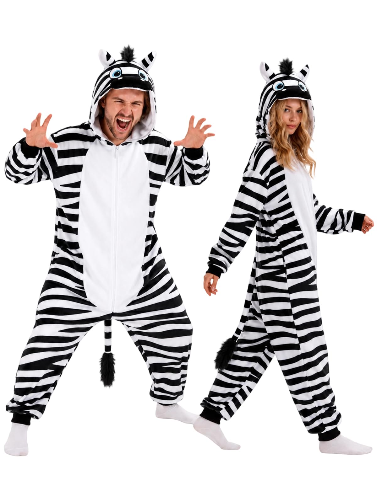 Adult Zebra Onesie Costume - 3D Hooded Animal One-Piece Pajama for Halloween Men Women