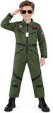 Kids Pilot Costume for Boys, Green Aviator Flight Suit Jumpsuit Halloween Costume with Sunglasses and Dog Tag