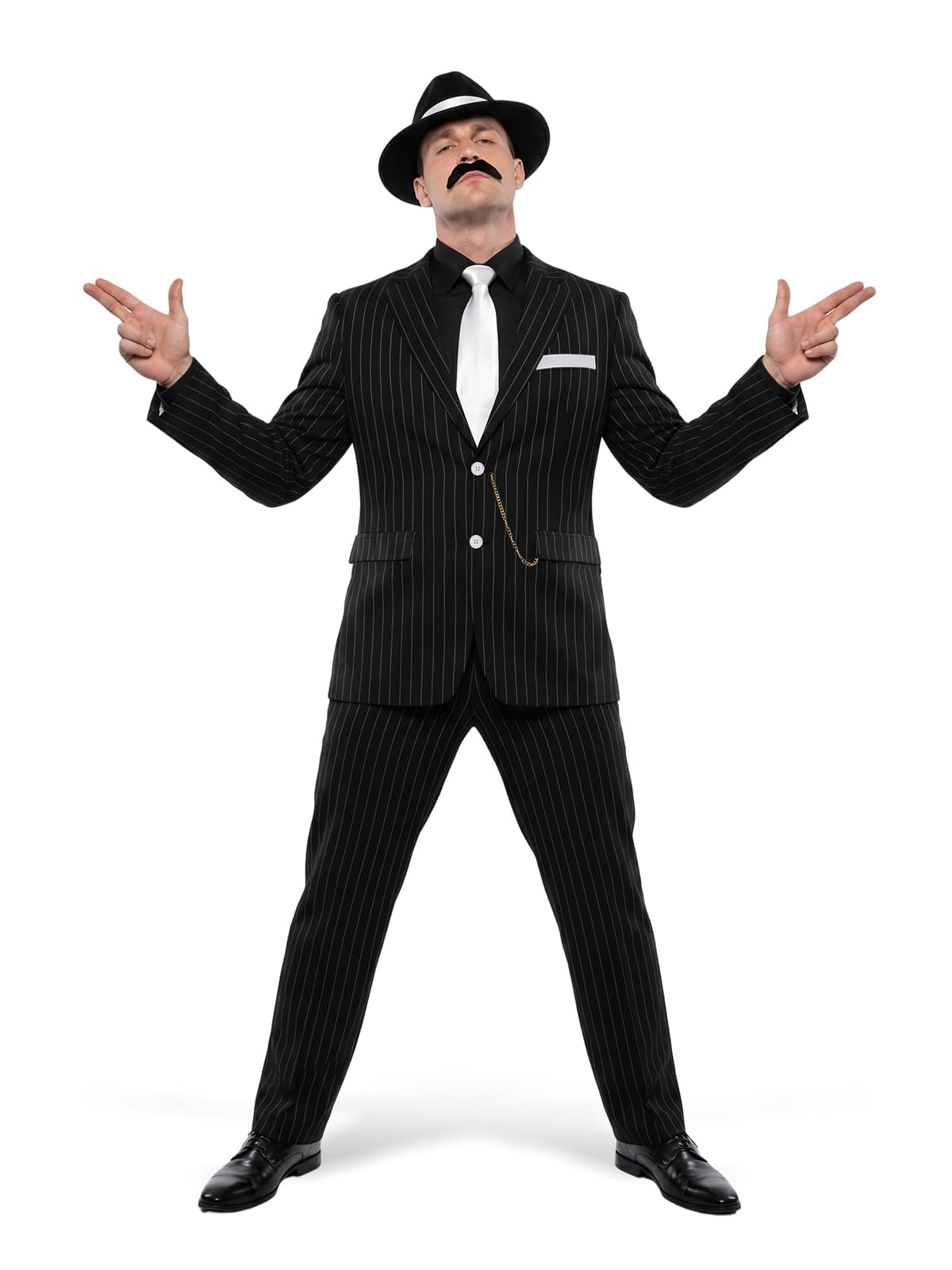 Men's Gangster Costume Adult Black Pinstripe Suit Costume with Accessories for Halloween Cosplay Party