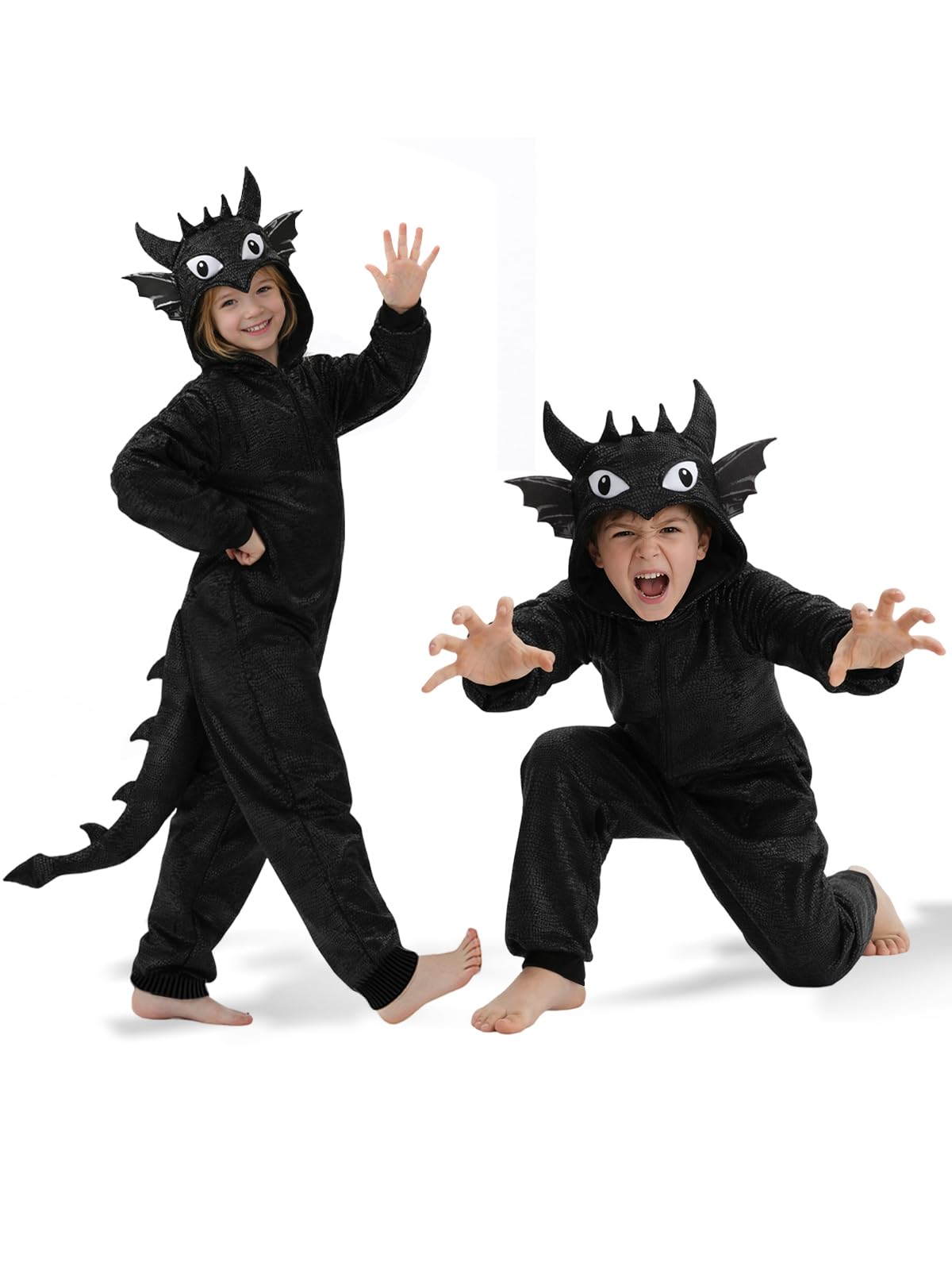 Kids Black Dragon Costume for Girls & Boys - 3D Hooded Animal Jumpsuit for Halloween Party