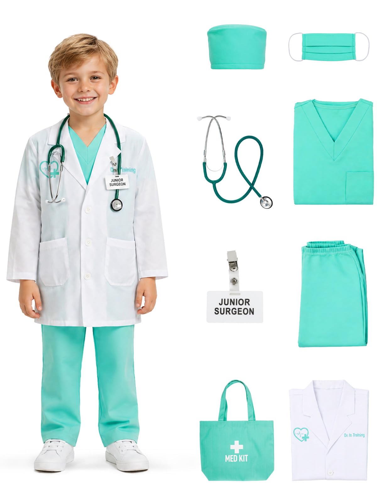 Kids Doctor Costume for Halloween – Medical Scrubs Dress Up Outfit with Lab Coat and Surgical Cap