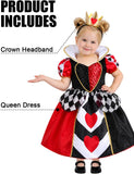 Queen of Hearts Costume Girls, Halloween Costumes for Girls | Girls red black royal dress set with crown headband for toddlers kids party outfits