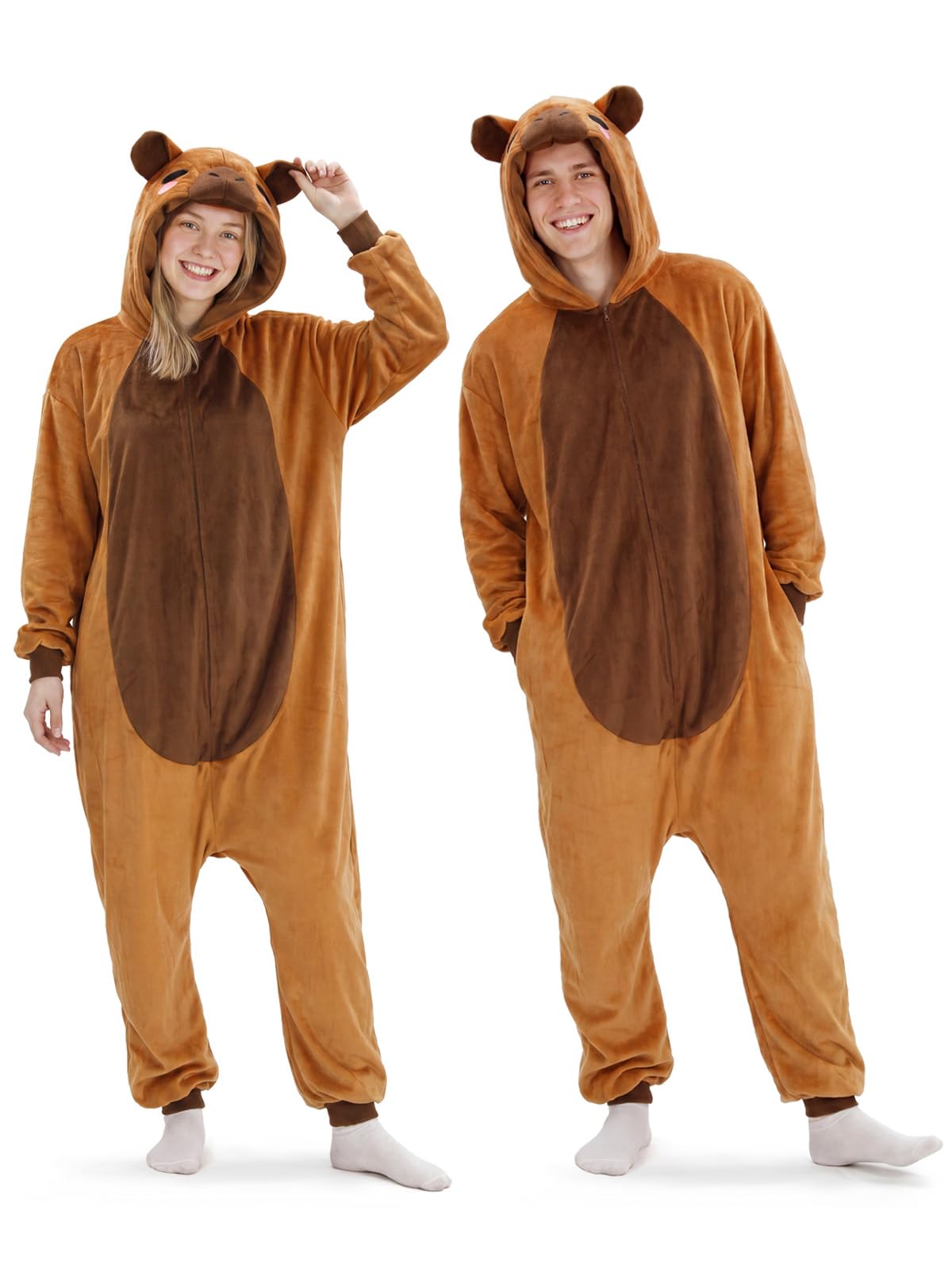 Adult Capybara Onesie Costume - 3D Hooded Animal One-Piece Pajama for Halloween Men Women