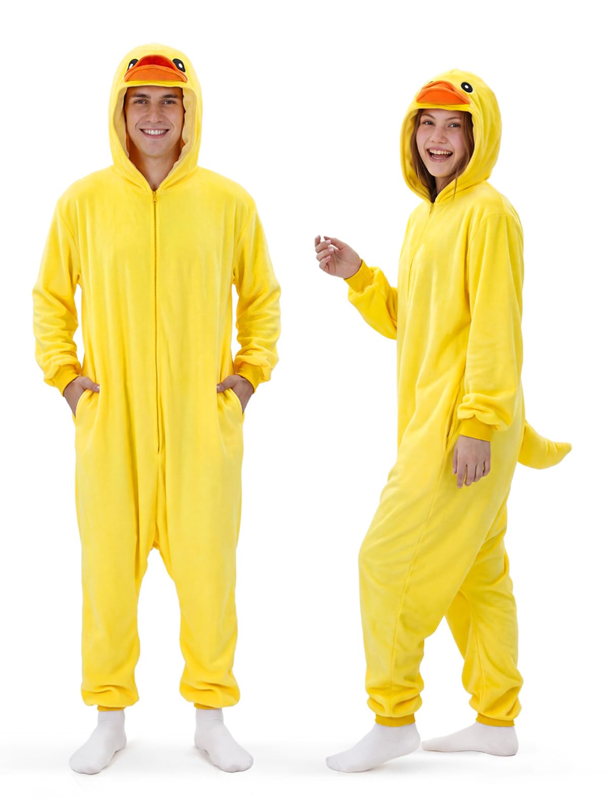 Adult Yellow Duck Onesie Costume - 3D Hooded Animal One-Piece Pajama for Halloween Men Women