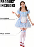 Blue Gingham Country Girl Halloween Costumes for Women, 2 PCS Checkered Apron Dress with Thigh High Bow Socks