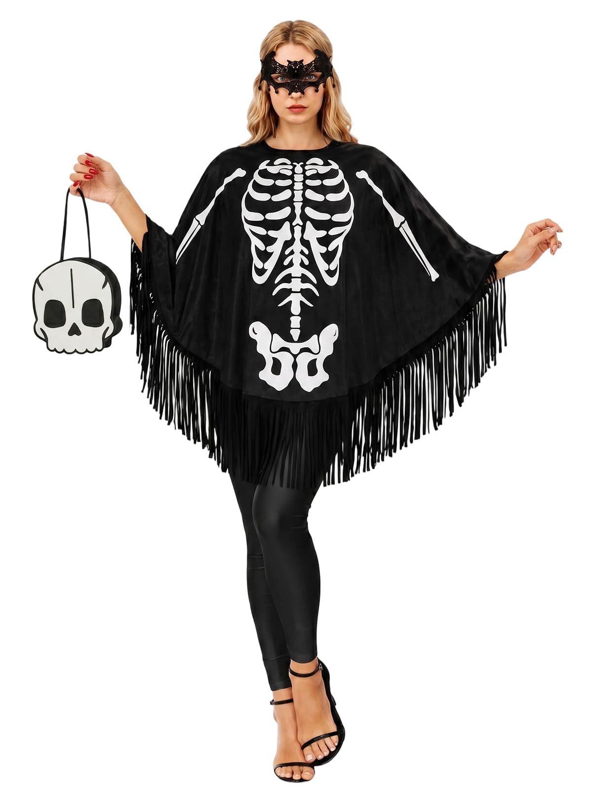 Women's Skeleton Costume, Halloween Poncho Cape