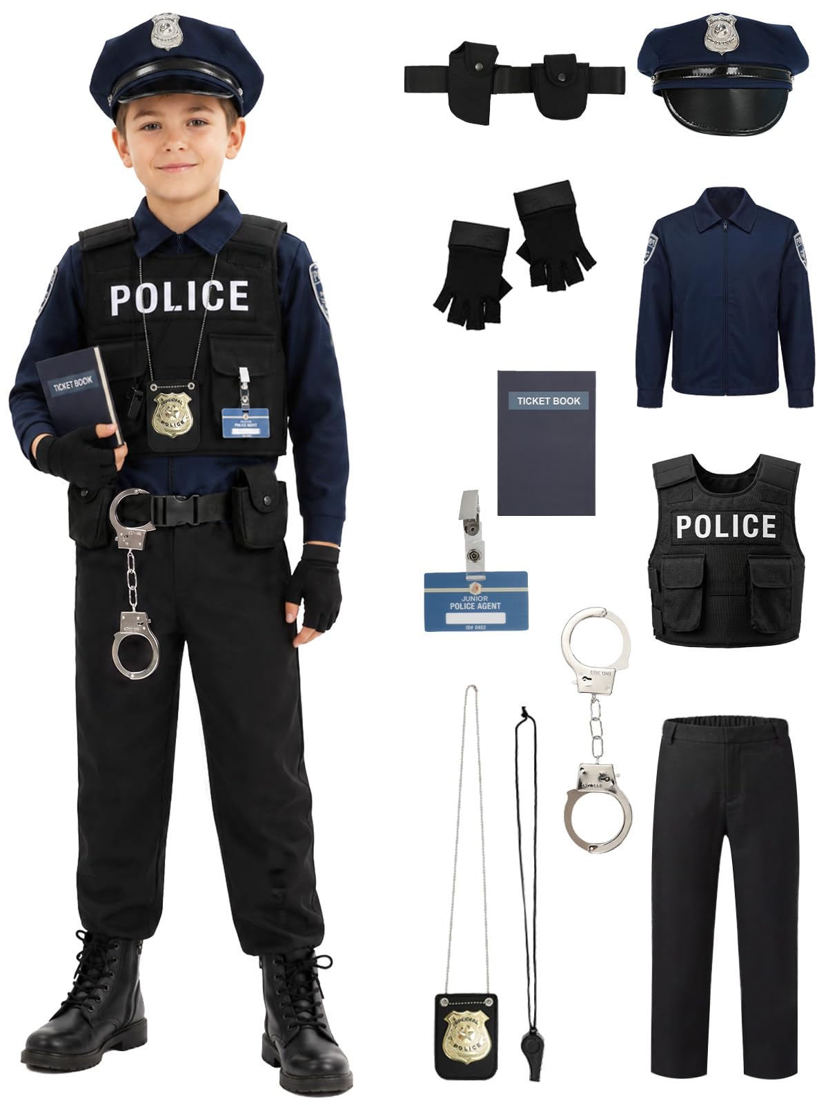 Kids Police Costume, Halloween Boys Police Officer Uniform Outfit with Accessories