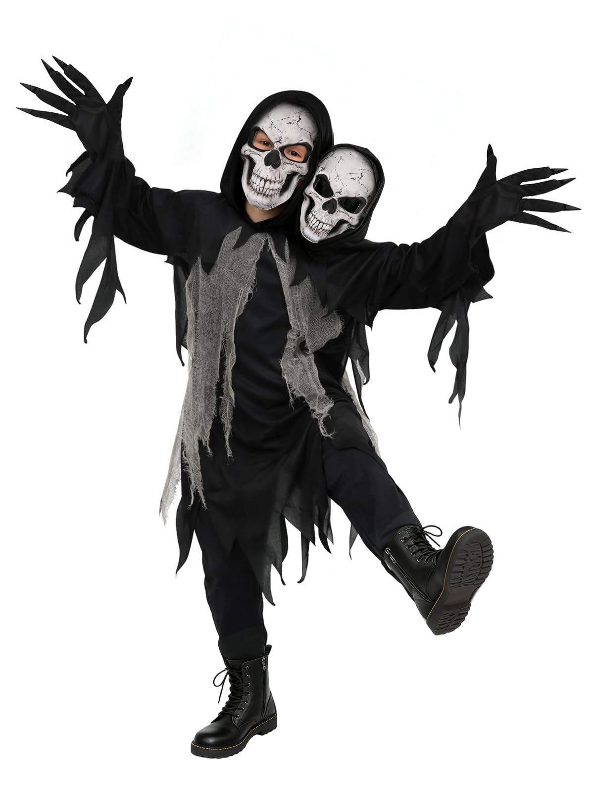 Kids Grim Reaper Costume, Halloween Hooded Black Robe Outfit with 2 Skull Masks and Gloves