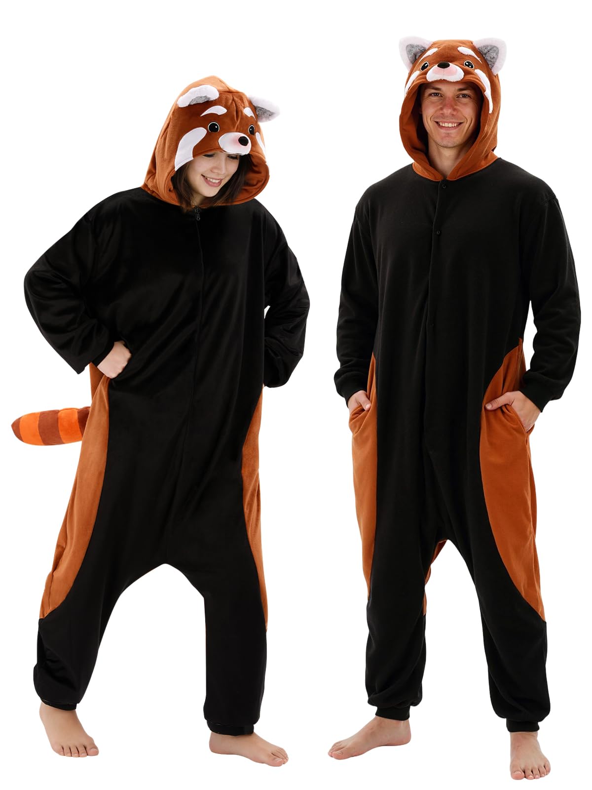 Adult Red Panda Onesie Costume - 3D Hooded Animal One-Piece Pajama for Halloween Men Women