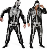 Adult Men’s Skeleton Jumpsuit Costume, Halloween Bones One-Piece Pajamas for Cosplay Party