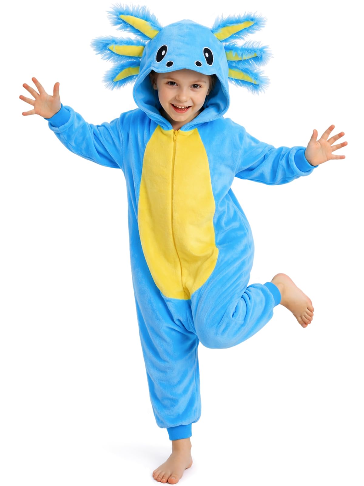 Kids Axolotl Costume for Girls & Boys - 3D Hooded Salamander Jumpsuit Costume for Halloween Party