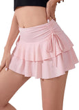 Women's Y2k Mini Ruffle Skirt with Shorts, High Waisted Tiered Layers Skort, Side Drawstrin Skater Skirt