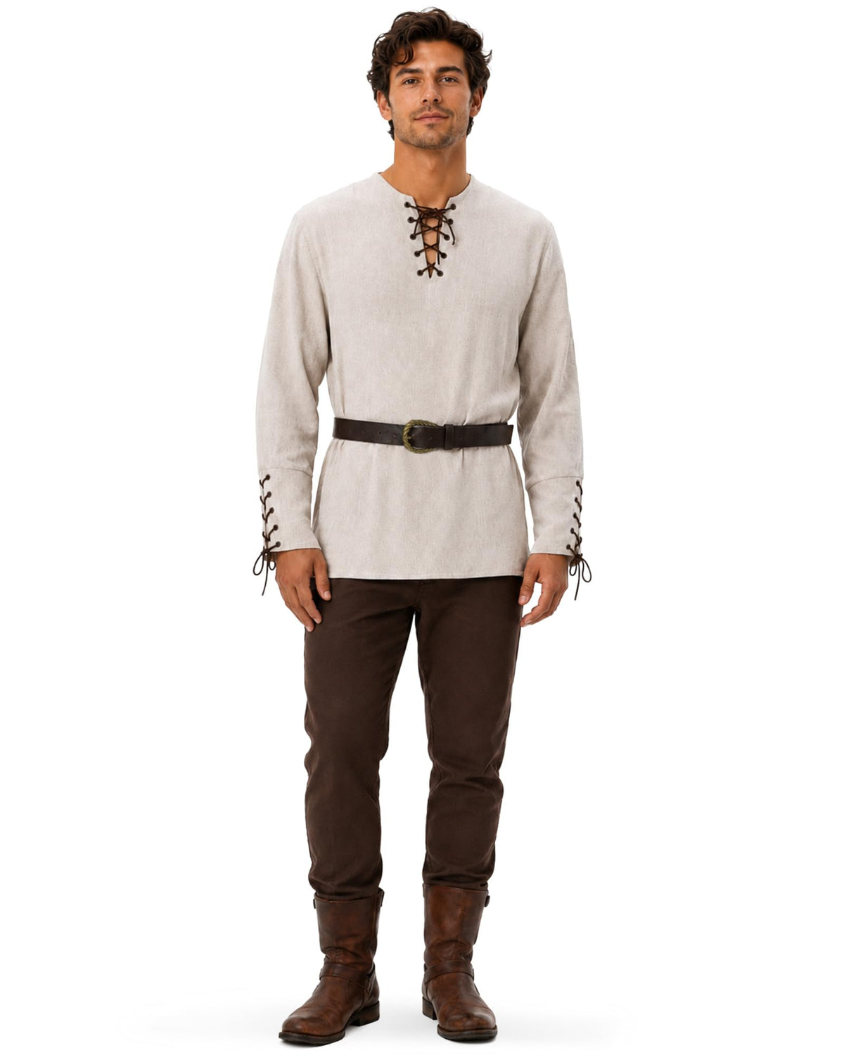 Men's Medieval Vintage Pirate Viking Shirt Lace Up Long Sleeve with Belt Renaissance Costume for Halloween