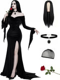4 PCS Black Gothic Dress for Women, Velvet Off Shoulder High Slit Halloween Dress Set