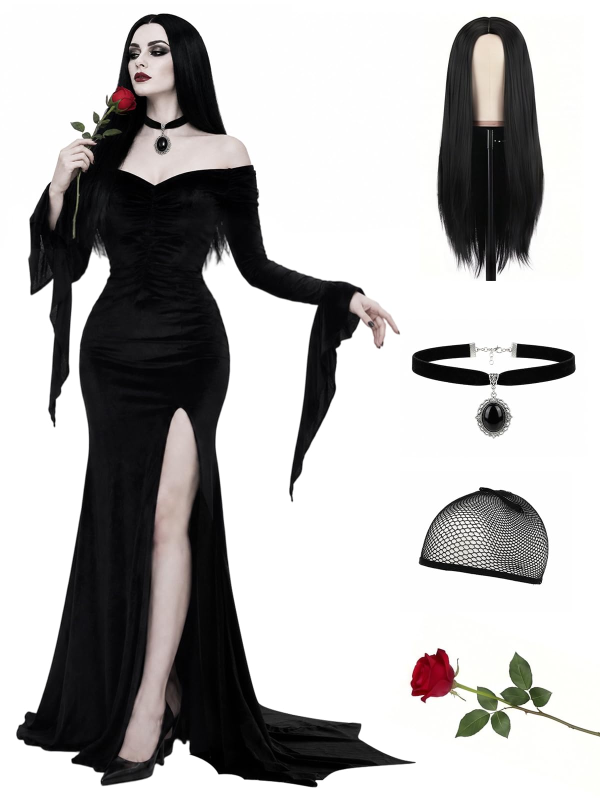 4 PCS Black Gothic Dress for Women, Velvet Off Shoulder High Slit Halloween Dress Set