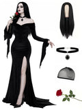 4 PCS Black Gothic Dress for Women, Velvet Off Shoulder High Slit Halloween Dress Set