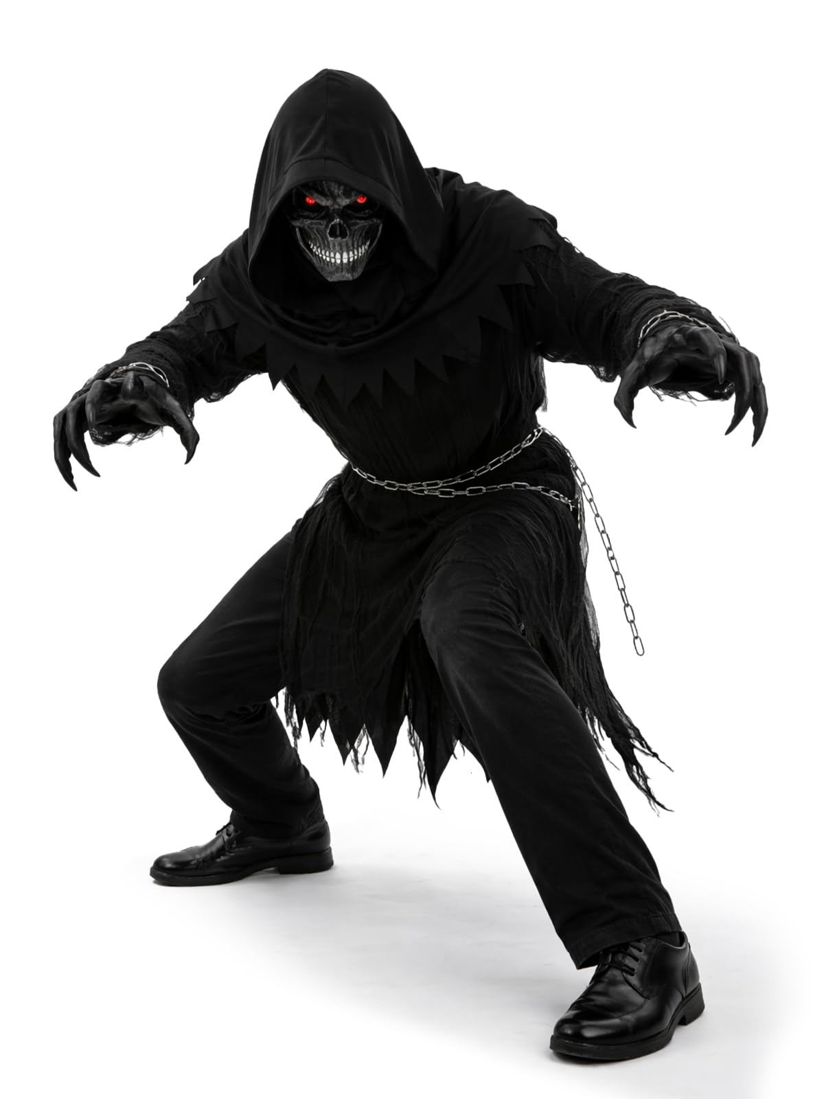 Grim Reaper Costume for Men - Hooded Black Robe with Chains & Light-Up Skull Mask for Halloween Party