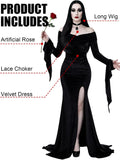 4 PCS Black Gothic Dress for Women, Velvet Off Shoulder High Slit Halloween Dress Set