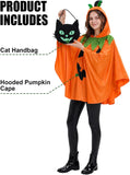 Adult Pumpkin Costume for Women, 2 PCS Jack-O'-Lantern Halloween Hooded Poncho Cape with Spooky Black Cat Tote Bag, Loose Fit Festive Dress Up Outfits
