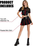 2 PCS Women's Schoolgirl Costume, PU Leather Crop Top with Faux Tie and Red Plaid Spliced Mini Skirt