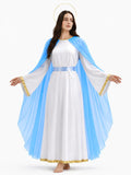 Virgin Mary Costume for Women, 3 PCS Adult Biblical Mother Mary White Dress with Attached Blue Cape