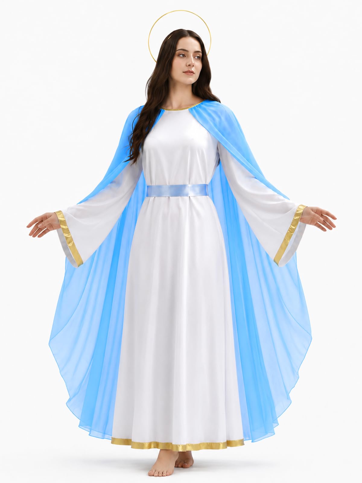 Virgin Mary Costume for Women, 3 PCS Adult Biblical Mother Mary White Dress with Attached Blue Cape