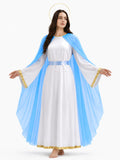 Virgin Mary Costume for Women, 3 PCS Adult Biblical Mother Mary White Dress with Attached Blue Cape
