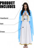 Virgin Mary Costume for Women, 3 PCS Adult Biblical Mother Mary White Dress with Attached Blue Cape