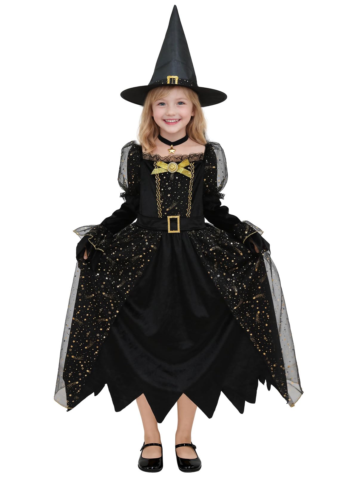3PCS Witch Costume for Girls, Halloween Dress Costumes | Girls velvet dress up set with pointed hat and choker necklace for toddlers kids outfits