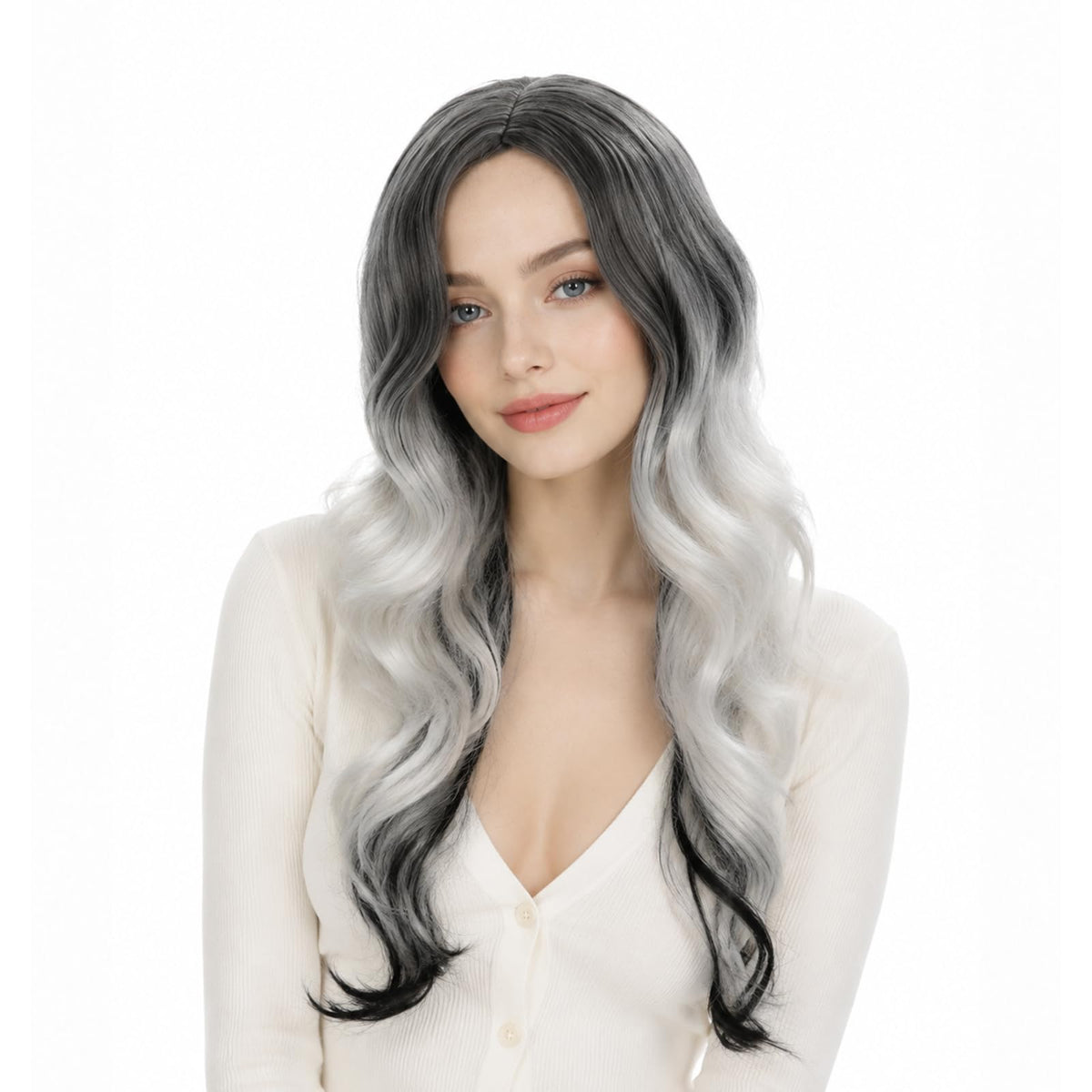 Gray Ombre Wig for Women, Long Wavy Costume Wig