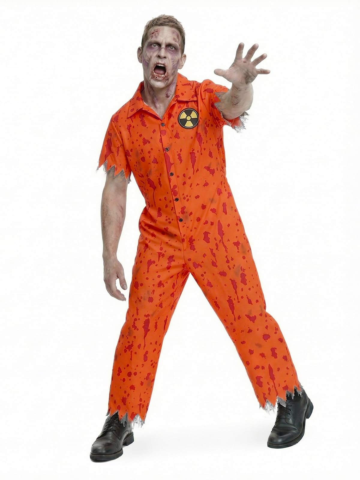 Adult Orange Zombie Prisoner Costume for Men Women Radiation Inmate Jumpsuit for Halloween Horror Cosplay Party