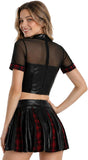 2 PCS Women's Schoolgirl Costume, PU Leather Crop Top with Faux Tie and Red Plaid Spliced Mini Skirt